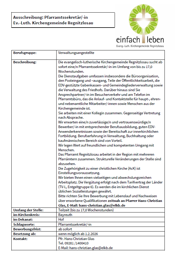 Stellenausschreibung Pfarramtssekretärin.